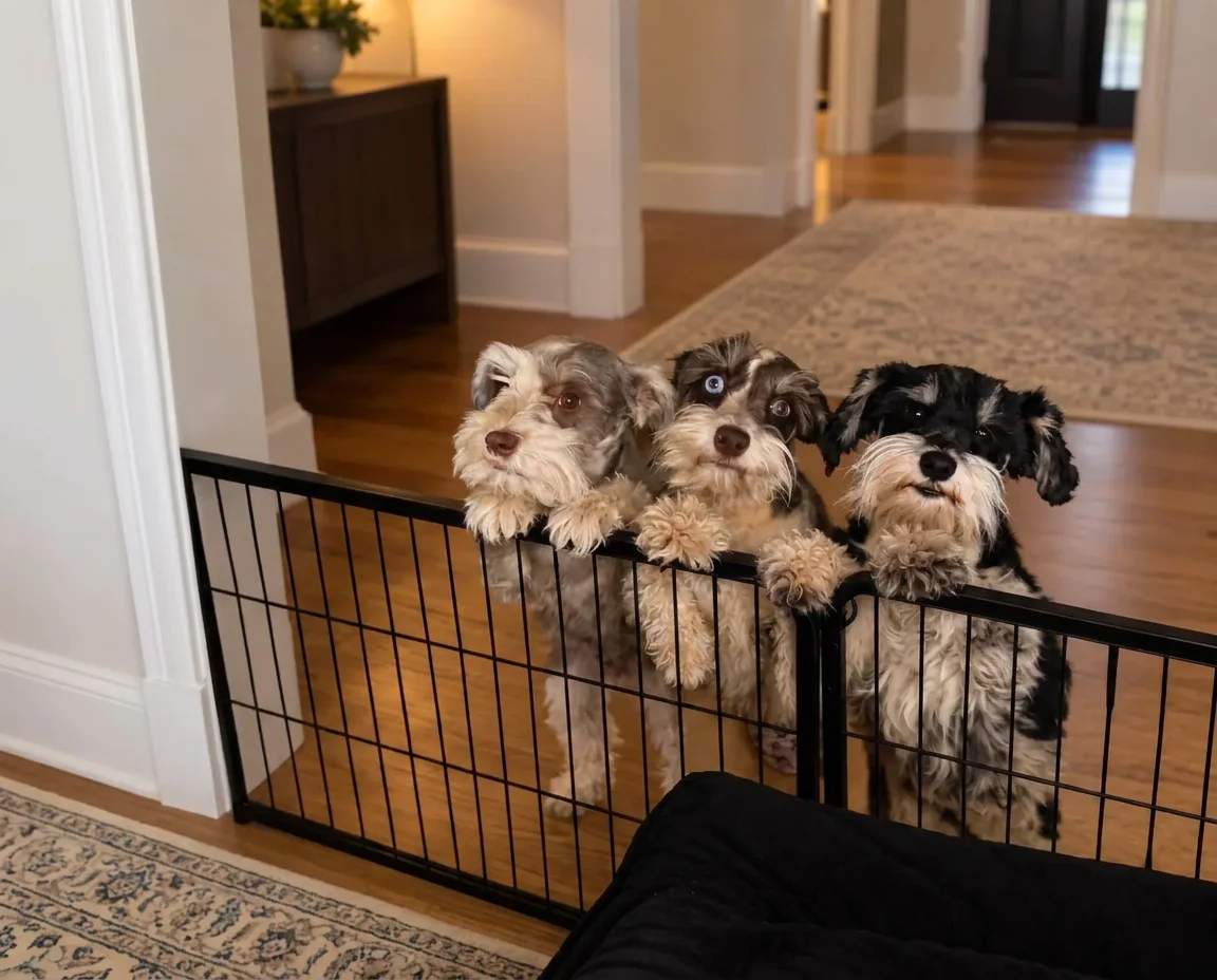 Hazel, Zara, and Archie — the Magalia Crest Miniature Schnauzers at home in Magalia, California