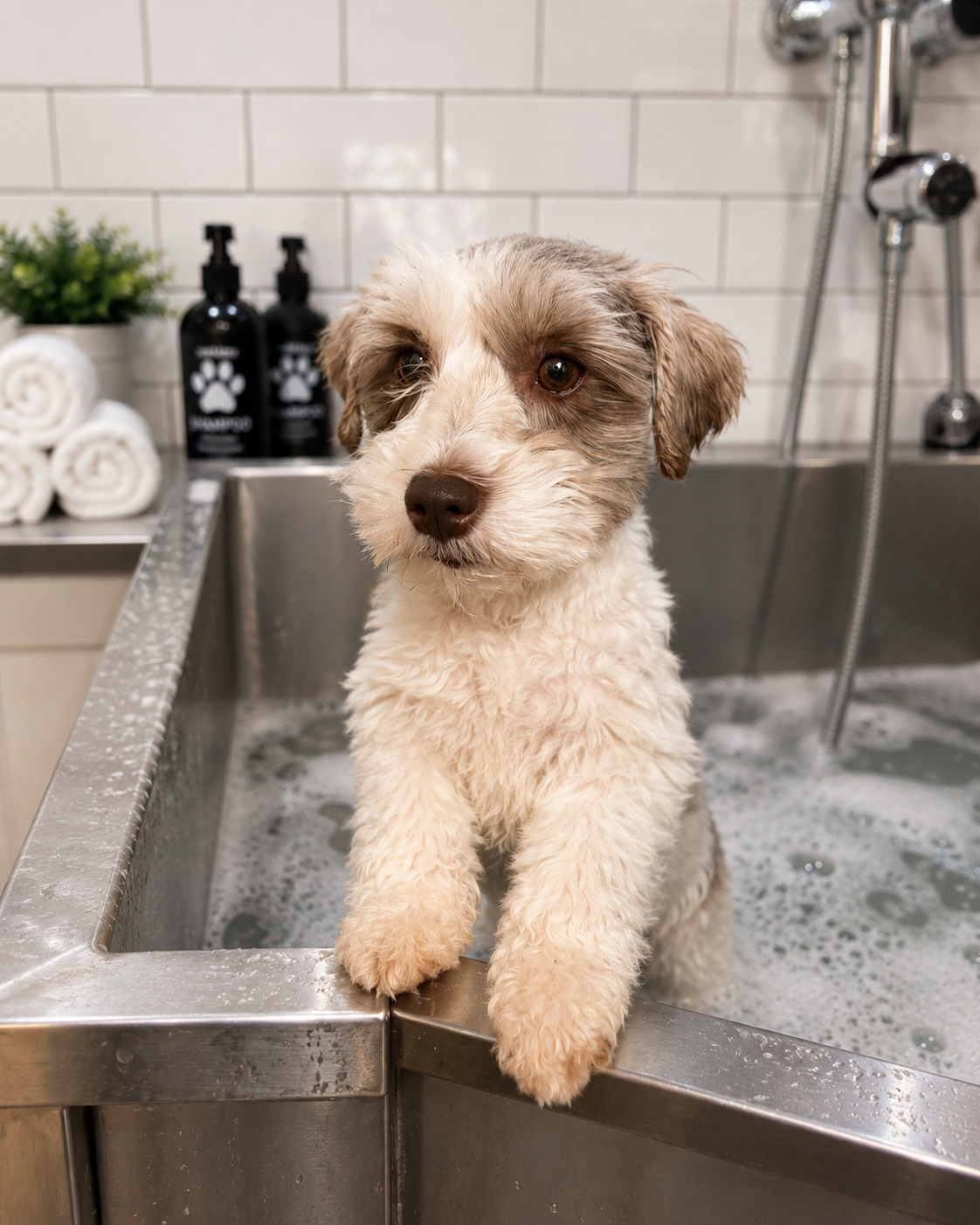 Hazel the Miniature Schnauzer enjoying a calm bath time session